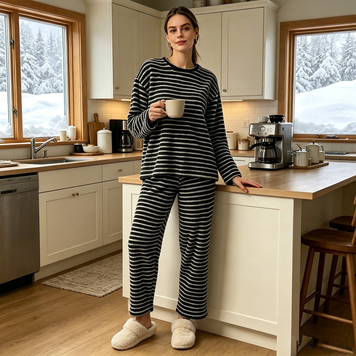 REDESS Womens Pajama Sets, Striped Fuzzy Fleece 2 Piece Matching Sleepwear, Crew Neck Pullover Top & Drawstring Pants, Cozy Lounge Sets for Women Winter Loungewear, S?XXL