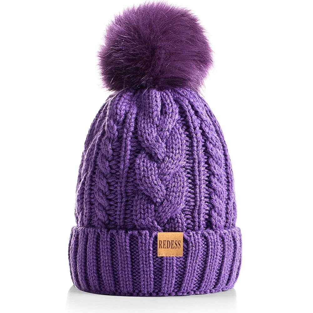 REDESS Women Winter Pompom Beanie Hat with Warm Fleece Lined, Thick Slouchy Knit Skull Ski Cap