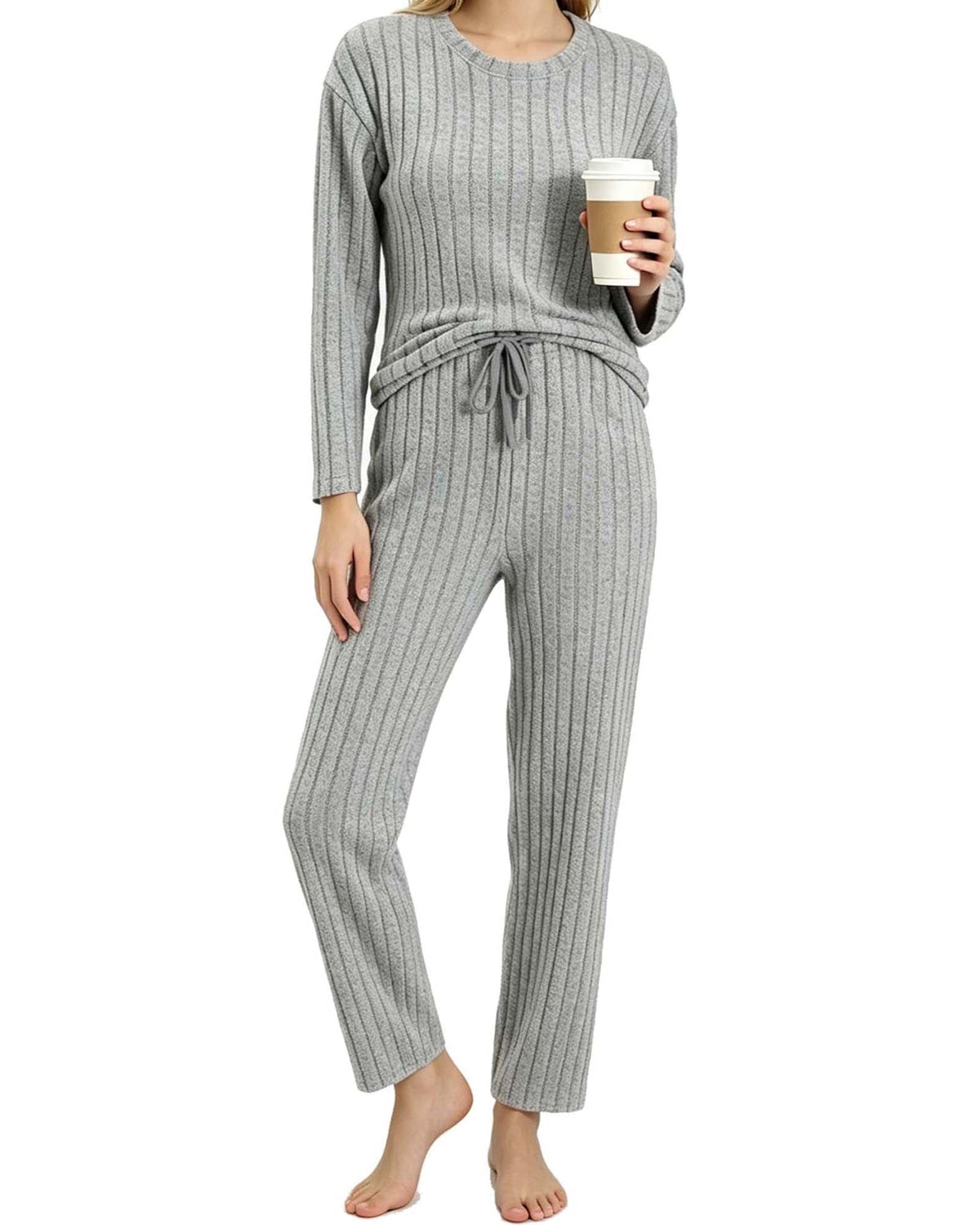 REDESS Womens Pajama Sets, Ribbed Knit 2 Piece Matching Loungewear, Long Sleeve Crew Neck Top & Drawstring Waist Pants, Casual Lounge Sets for Women Sleepwear, S‑XXL