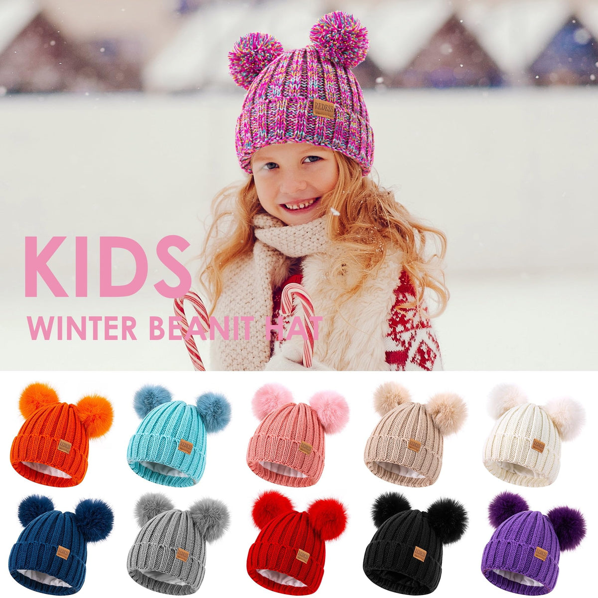 REDESS Winter Beanie Hats for Kids with Warm Fleece Lined, Children's Knit Hat for Boys Girls 5-9 Years Old