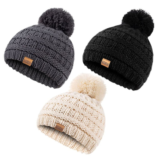 Baby Kids Winter Warm Hats, Infant Toddler Children Pom Pom Beanie Knit Cap Girls Boys-3 Pack