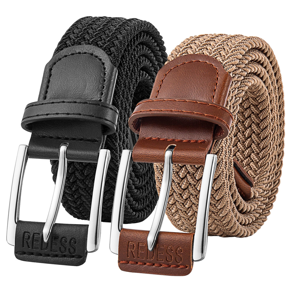 REDESS Men's Belt Braided Web Elastic Black Belt for Casual Golf Jeans,2 pack,Black+Beige
