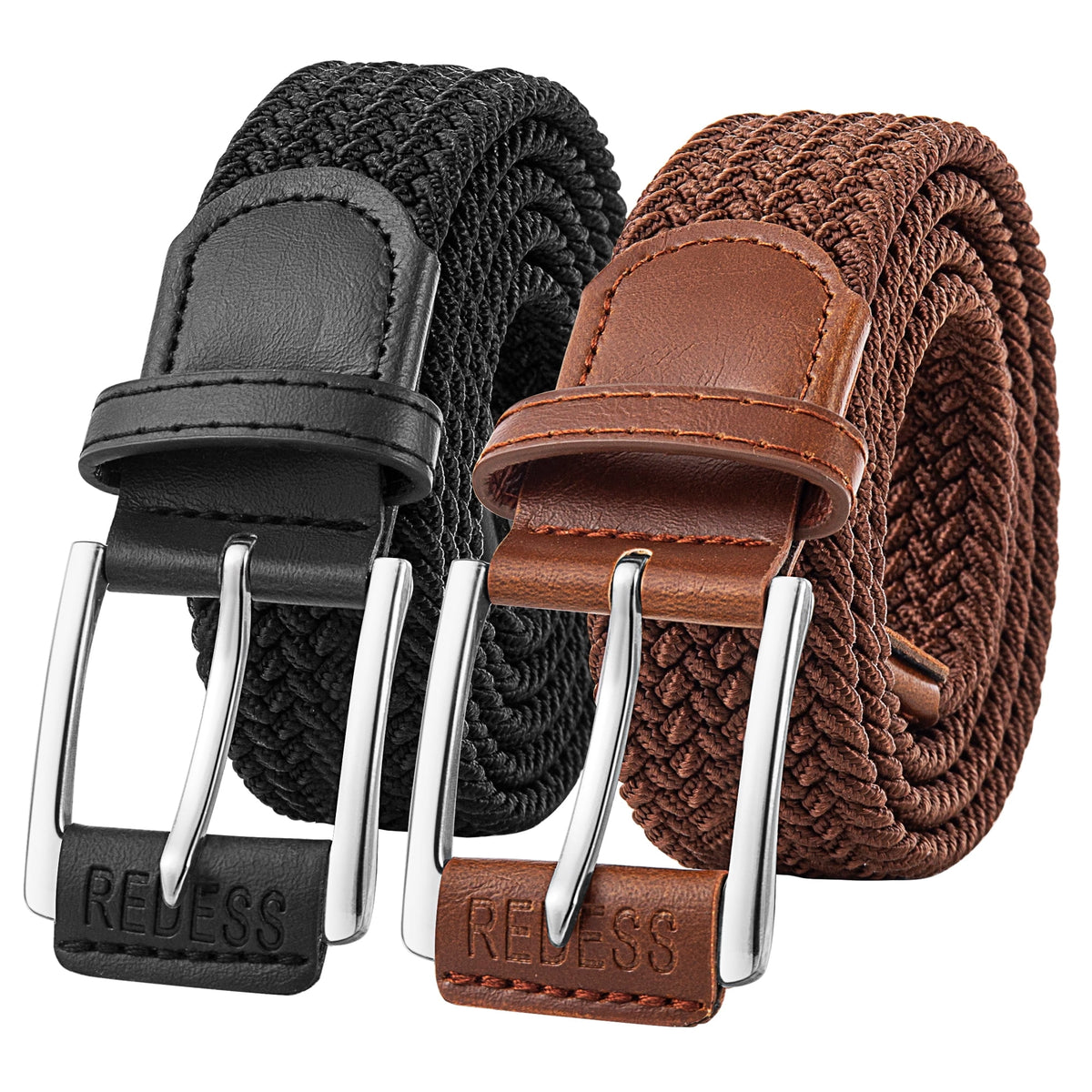 REDESS Men's Belt Braided Web Elastic Black Belt for Casual Golf Jeans,2 pack,Black+Beige