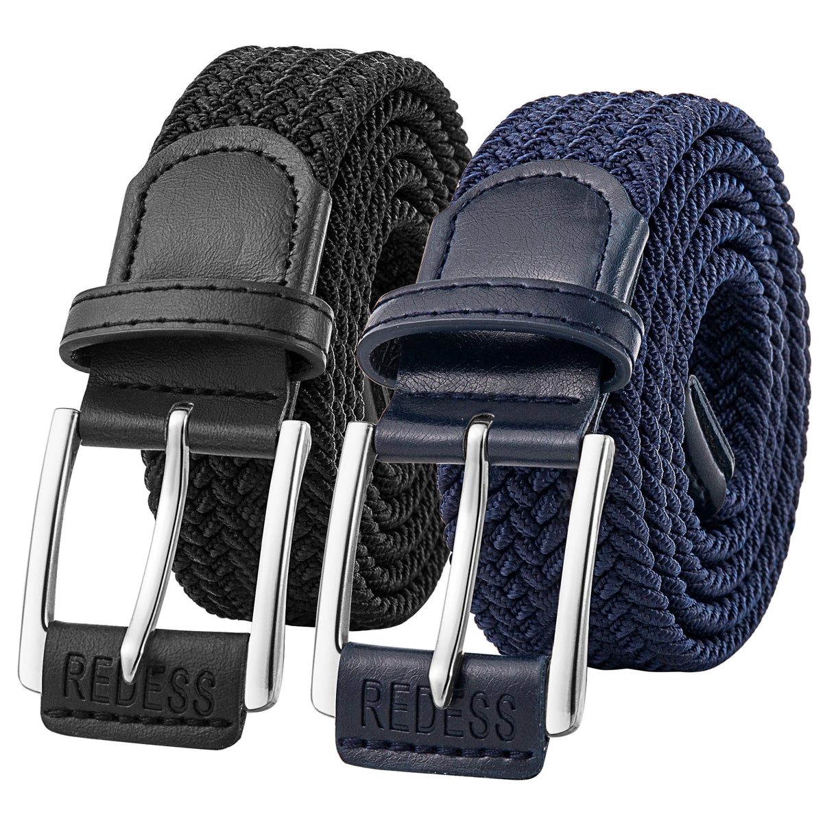 REDESS Men's Belt Braided Web Elastic Black Belt for Casual Golf Jeans,2 pack,Black+Beige