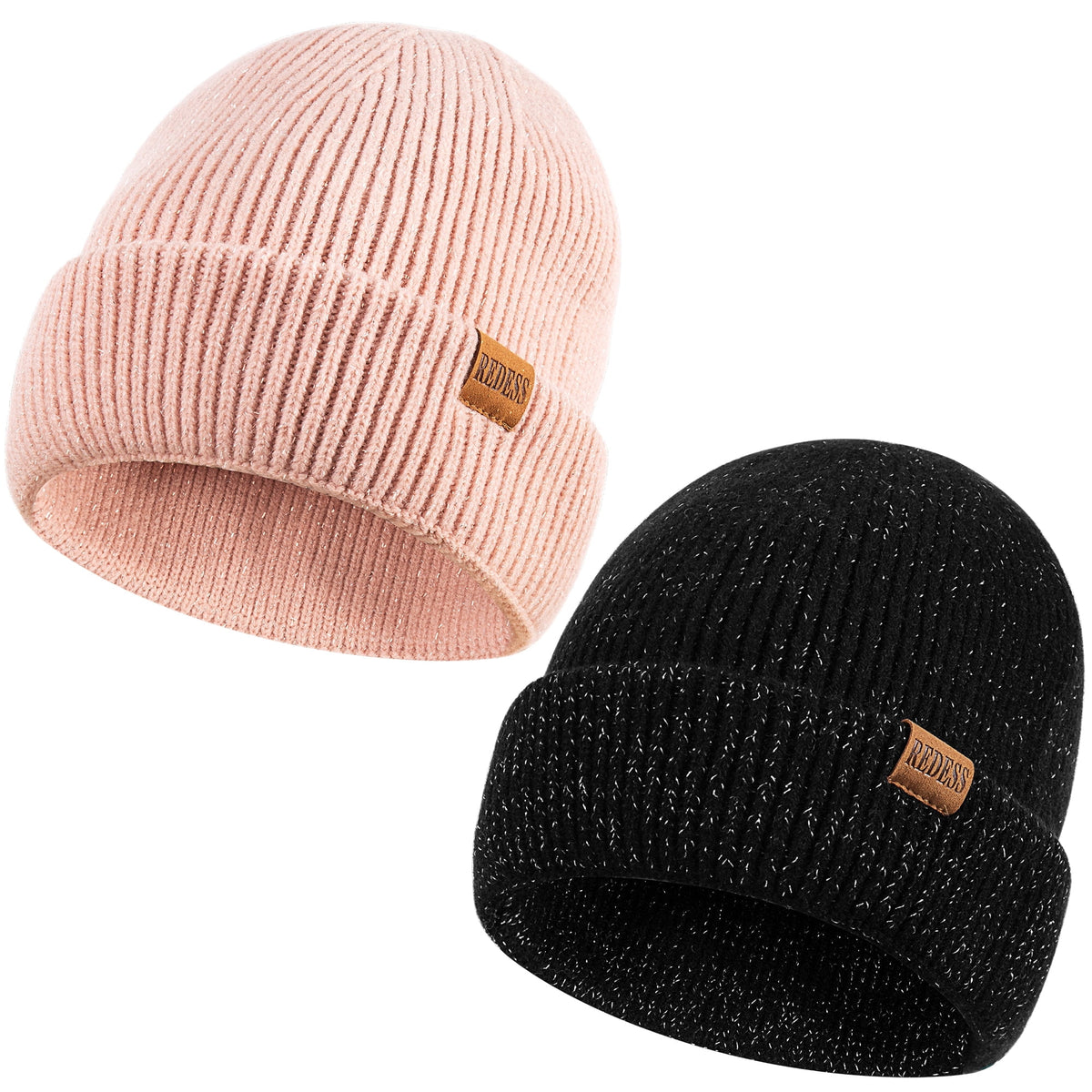 REDESS Beanie Hats for Women and Men Knit Soft Winter Warm Cuffed Hat, Black 2 pack