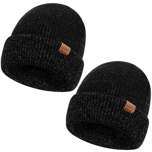 REDESS Beanie Hats for Women and Men Knit Soft Winter Warm Cuffed Hat, Black 2 pack