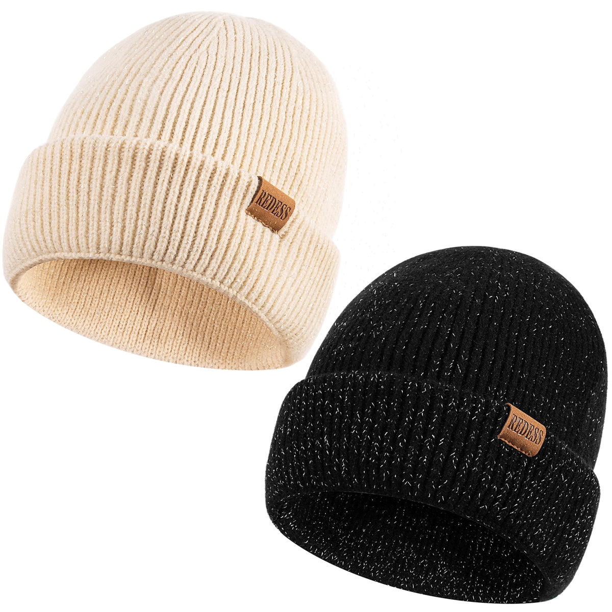 REDESS Beanie Hats for Women and Men Knit Soft Winter Warm Cuffed Hat, Black 2 pack