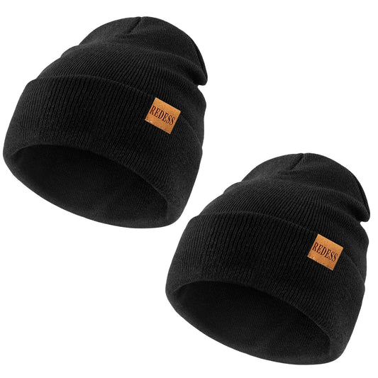 REDESS 2 Pack Warm Winter Knit Cuffed Beanie Hat for Men and Women,Black+Black