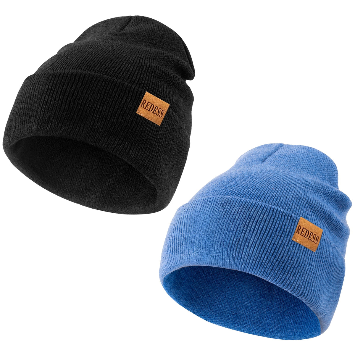 REDESS 2 Pack Warm Winter Knit Cuffed Beanie Hat for Men and Women,Black+Black