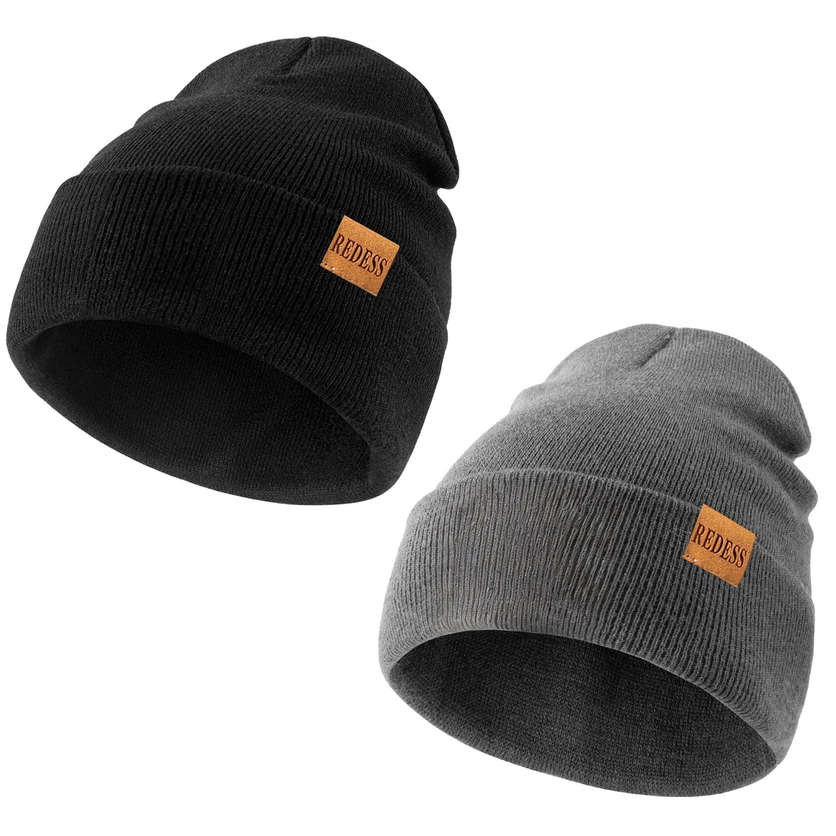 REDESS 2 Pack Warm Winter Knit Cuffed Beanie Hat for Men and Women,Black+Black