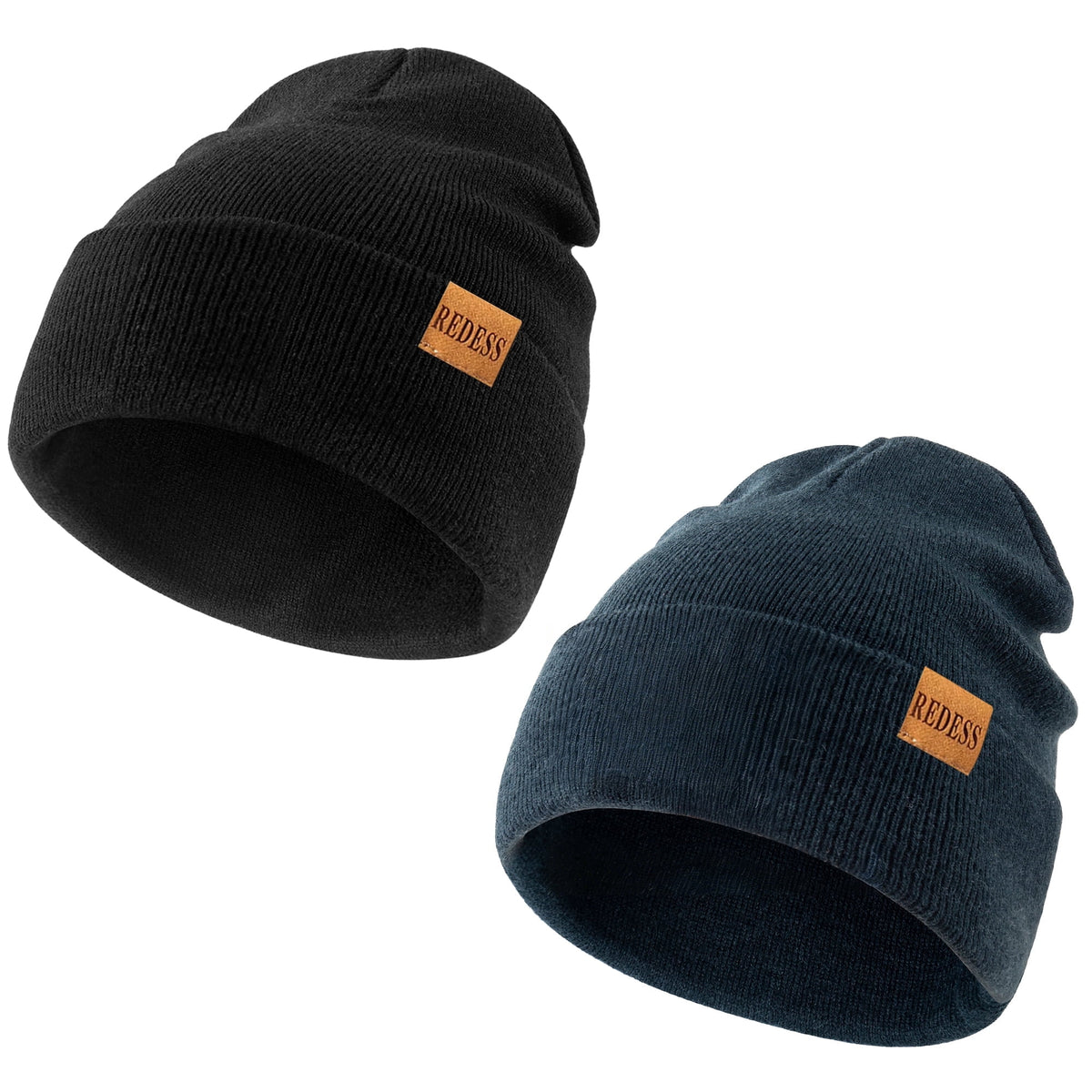 REDESS 2 Pack Warm Winter Knit Cuffed Beanie Hat for Men and Women,Black+Black