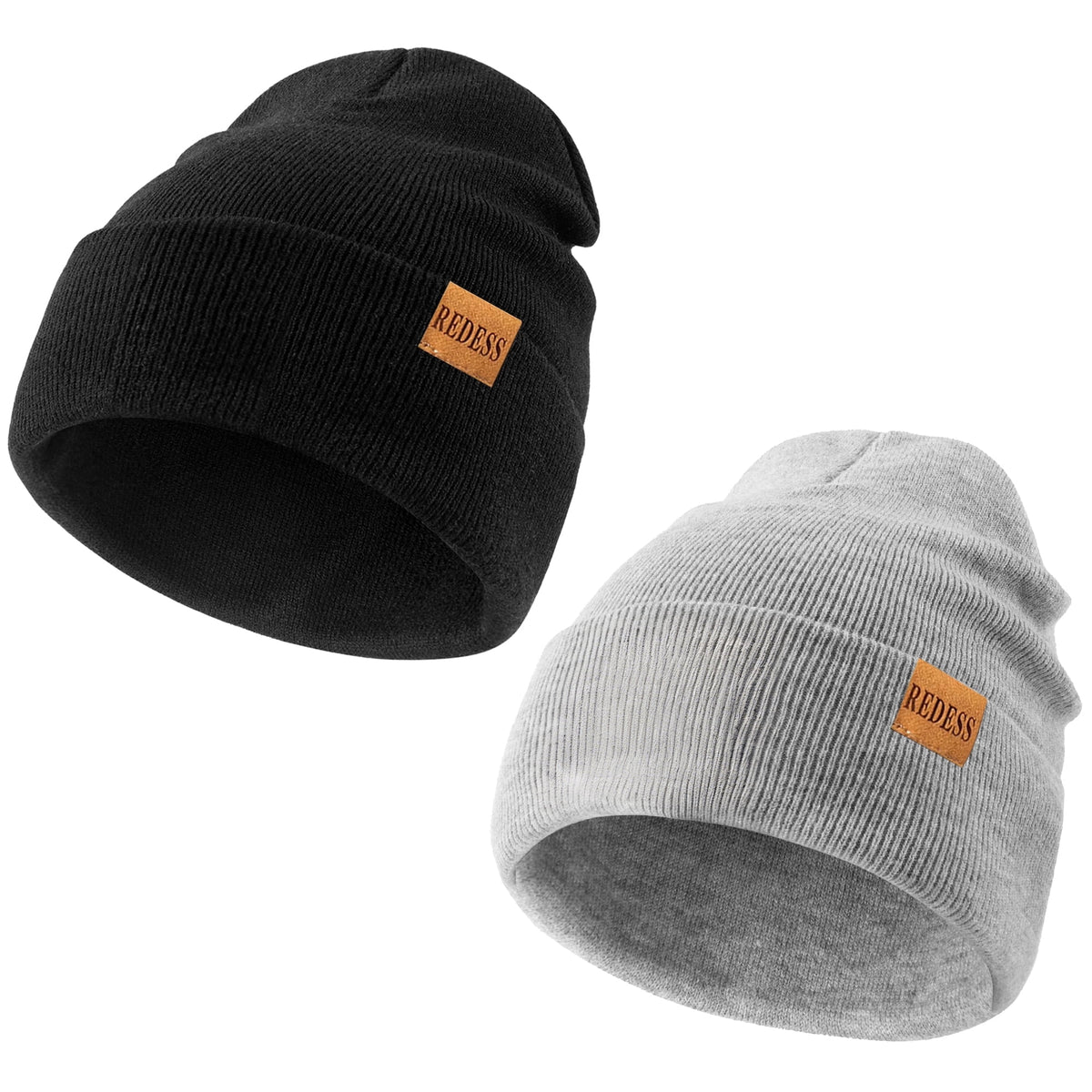REDESS 2 Pack Warm Winter Knit Cuffed Beanie Hat for Men and Women,Black+Black