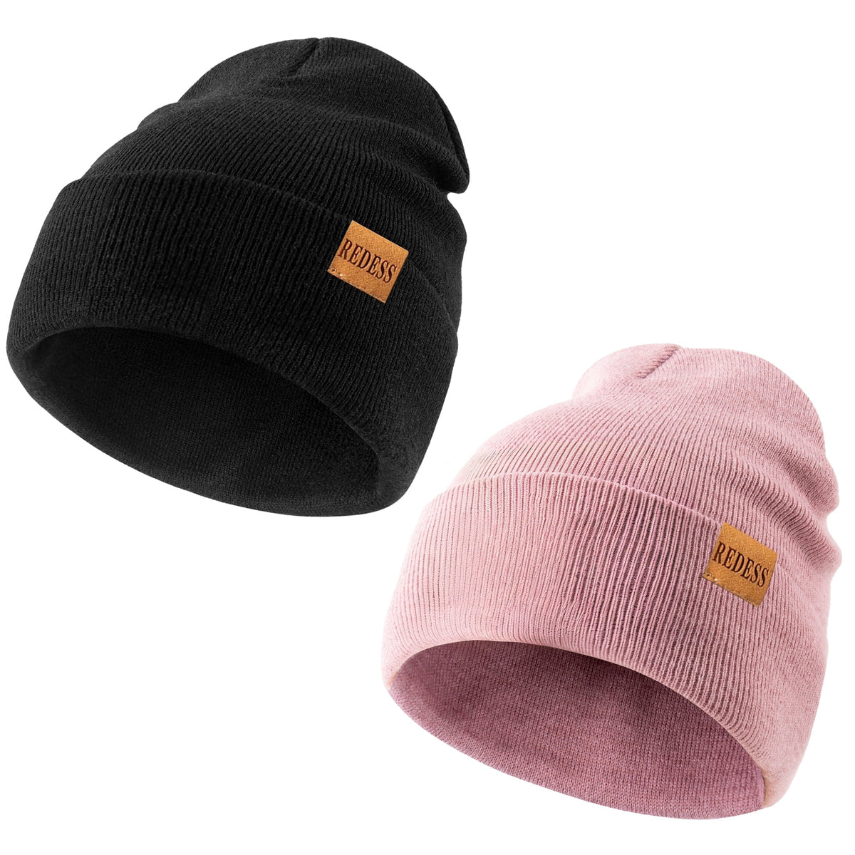REDESS 2 Pack Warm Winter Knit Cuffed Beanie Hat for Men and Women,Black+Black