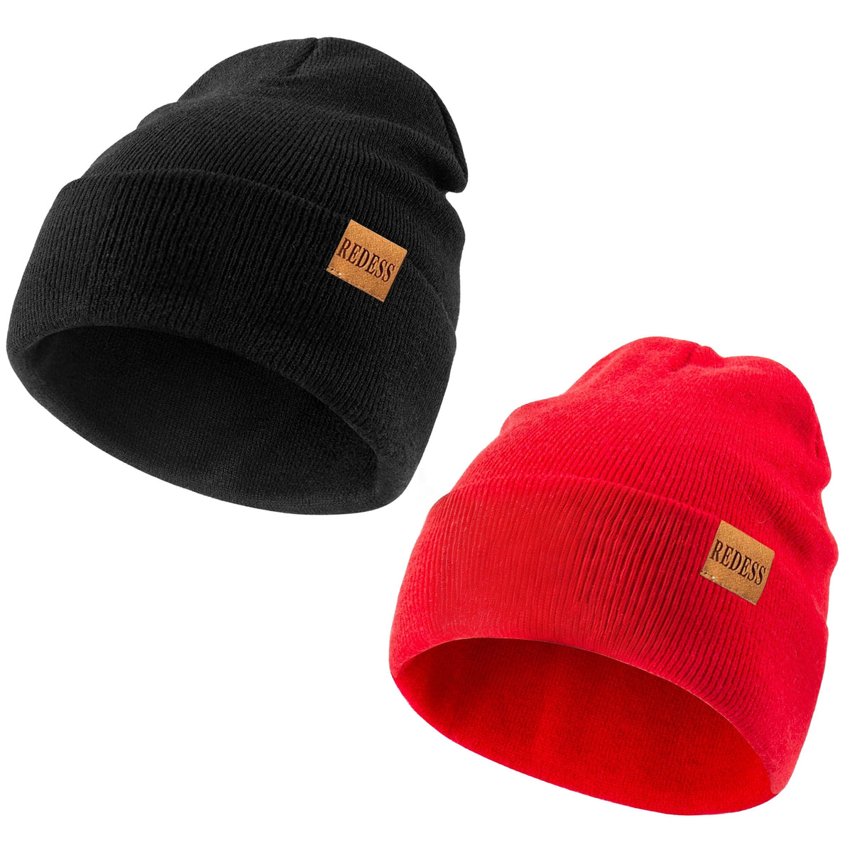 REDESS 2 Pack Warm Winter Knit Cuffed Beanie Hat for Men and Women,Black+Black
