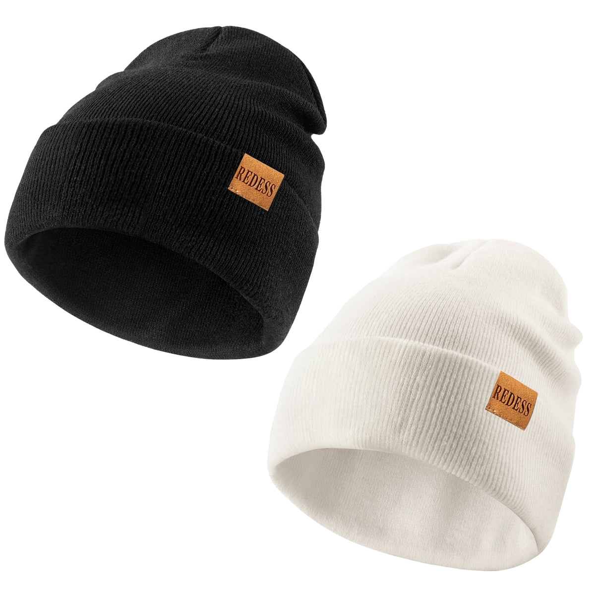 REDESS 2 Pack Warm Winter Knit Cuffed Beanie Hat for Men and Women,Black+Black