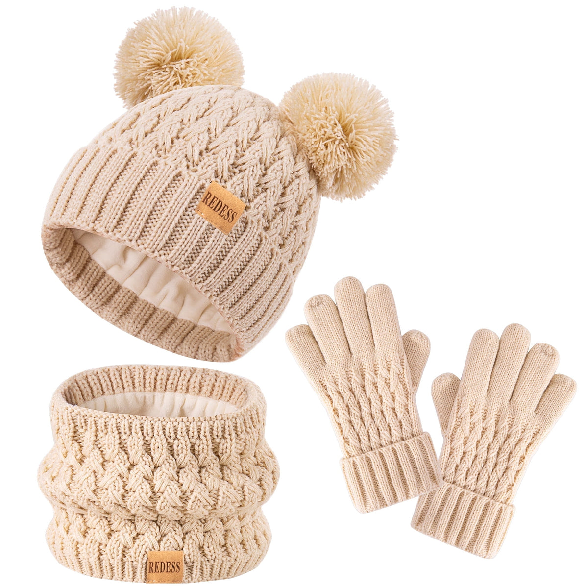REDESS 3 Pcs Unisex Kids Winter Beanie Hat and Scarf & Glove Set for Boy and Girl 3-9 Years Old
