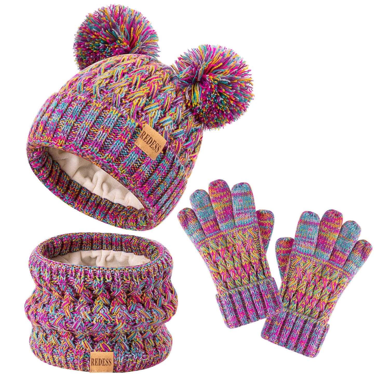 REDESS 3 Pcs Unisex Kids Winter Beanie Hat and Scarf & Glove Set for Boy and Girl 3-9 Years Old-Multicolor