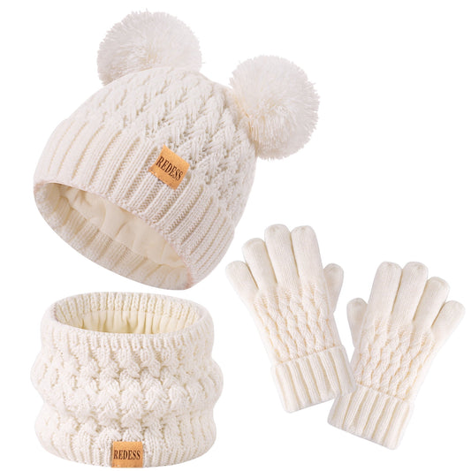 REDESS 3 Pcs Unisex Kids Winter Beanie Hat and Scarf & Glove Set for Boy and Girl 3-9 Years Old