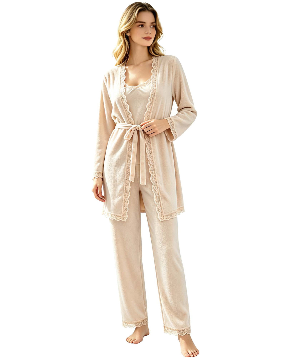 REDESS Womens Pajama Sets, Lace Trim Cami Top, Belted Robe & Long Pants Loungewear 3 Piece Velvet Pajama Sets for Women