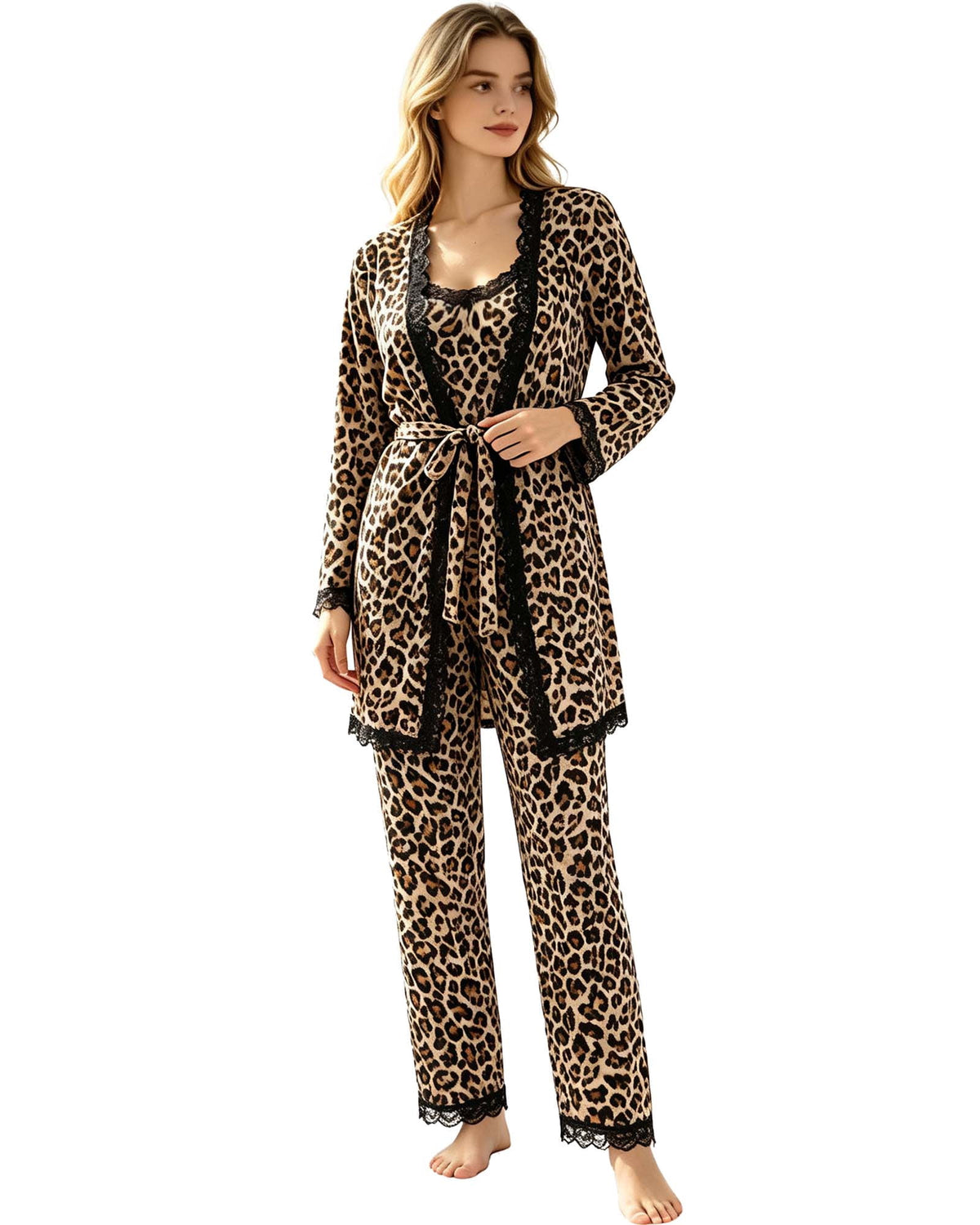 REDESS Womens Pajama Sets, Lace Trim Cami Top, Belted Robe & Long Pants Loungewear 3 Piece Velvet Pajama Sets for Women
