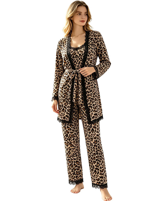 REDESS Womens Pajama Sets, Lace Trim Cami Top, Belted Robe & Long Pants Loungewear 3 Piece Velvet Pajama Sets for Women