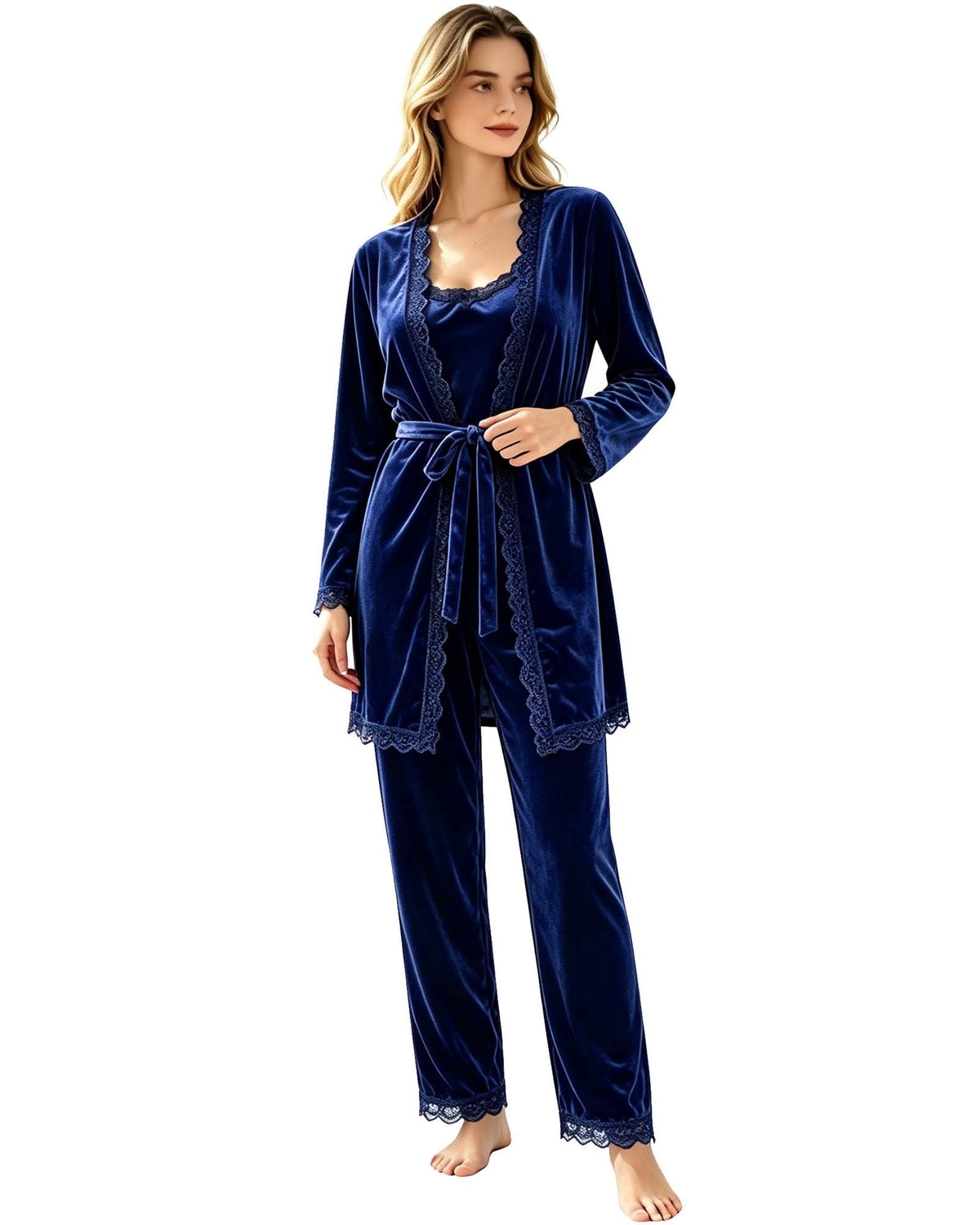 REDESS Womens Pajama Sets, Lace Trim Cami Top, Belted Robe & Long Pants Loungewear 3 Piece Velvet Pajama Sets for Women