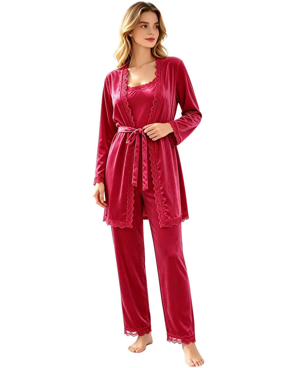 REDESS Womens Pajama Sets, Lace Trim Cami Top, Belted Robe & Long Pants Loungewear 3 Piece Velvet Pajama Sets for Women
