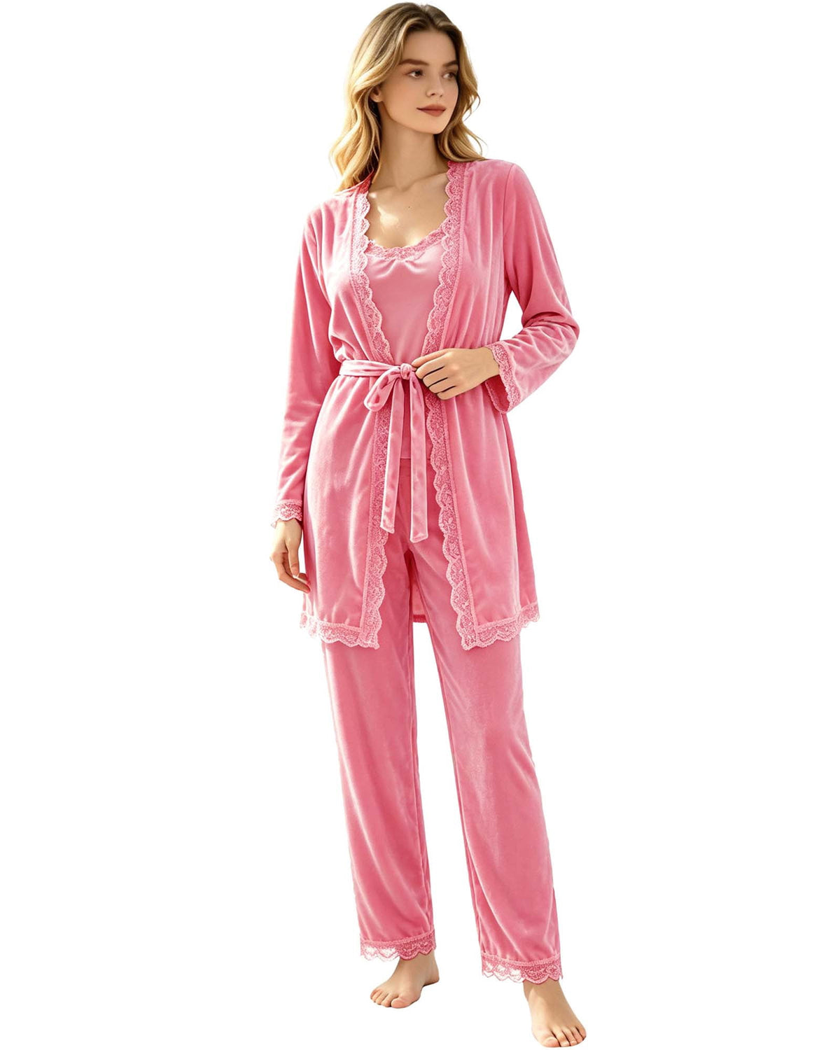REDESS Womens Pajama Sets, Lace Trim Cami Top, Belted Robe & Long Pants Loungewear 3 Piece Velvet Pajama Sets for Women