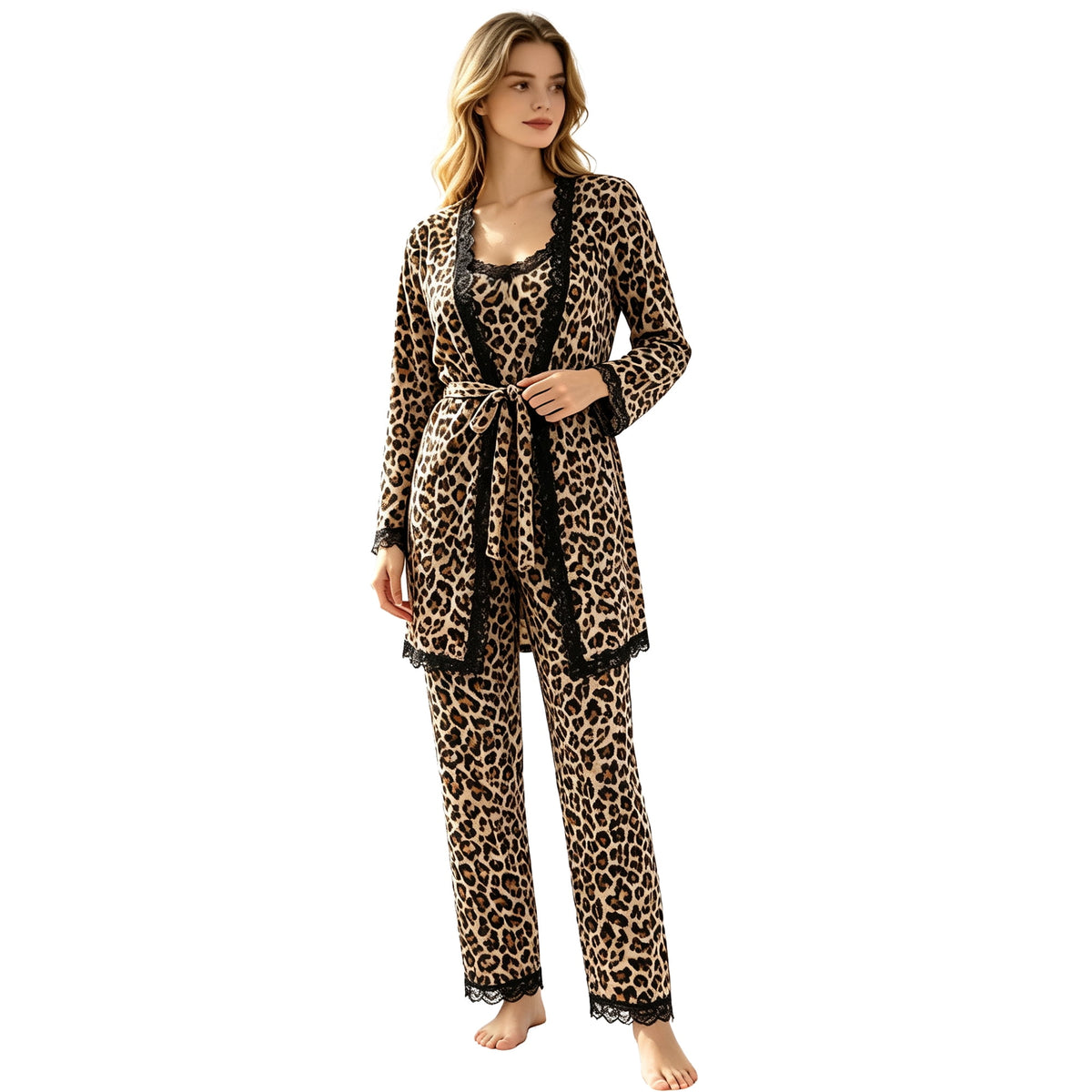 REDESS Womens Pajama Sets, Lace Trim Cami Top, Belted Robe & Long Pants Loungewear 3 Piece Velvet Pajama Sets for Women