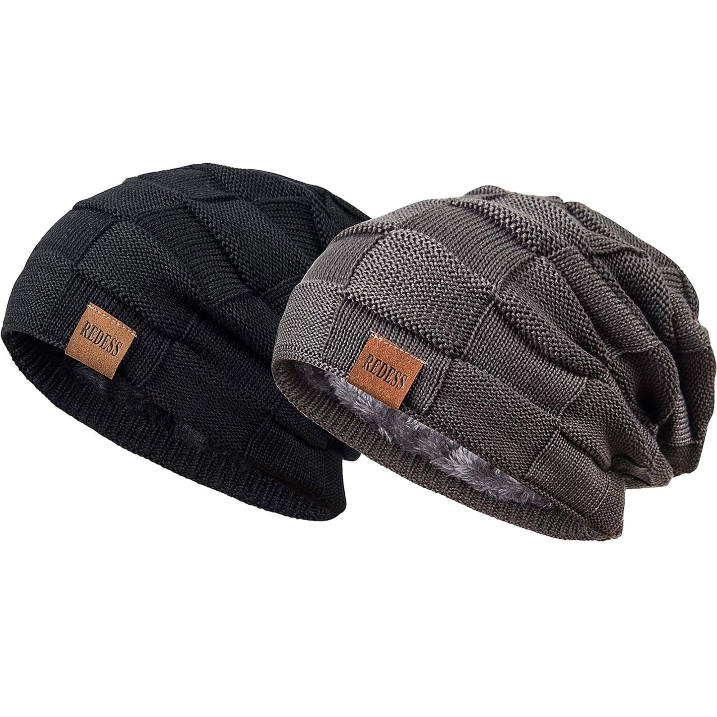 REDESS Beanie Hat for Men and Women Winter Warm Hats Knit Slouchy Thick Skull Cap-Black+Dark Gray