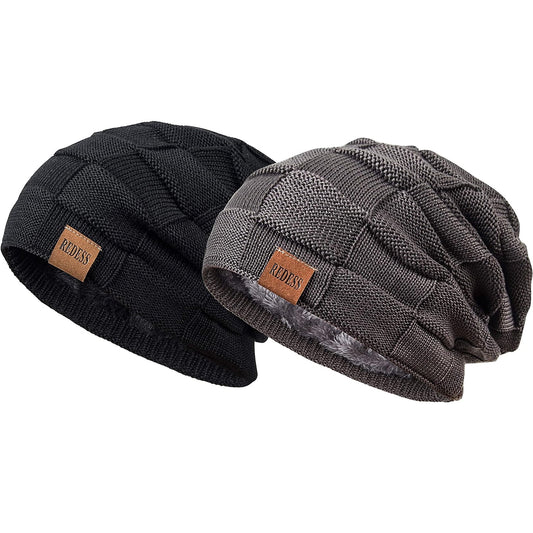 REDESS Beanie Hat for Men and Women Winter Warm Hats Knit Slouchy Thick Skull Cap-Black+Dark Gray