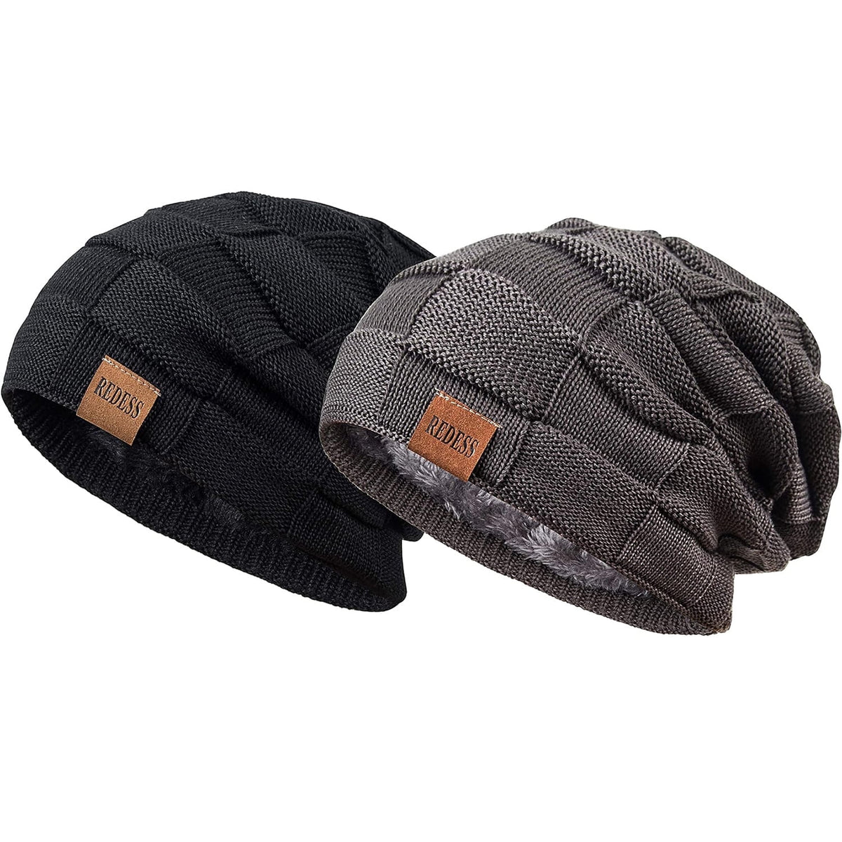 REDESS Beanie Hat for Men and Women Winter Warm Hats Knit Slouchy Thick Skull Cap-Black+Dark Gray