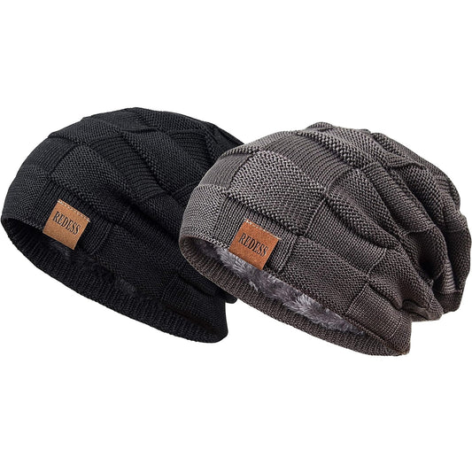 REDESS Beanie Hat for Men and Women Winter Warm Hats Knit Slouchy Thick Skull Cap-Black+Dark Gray