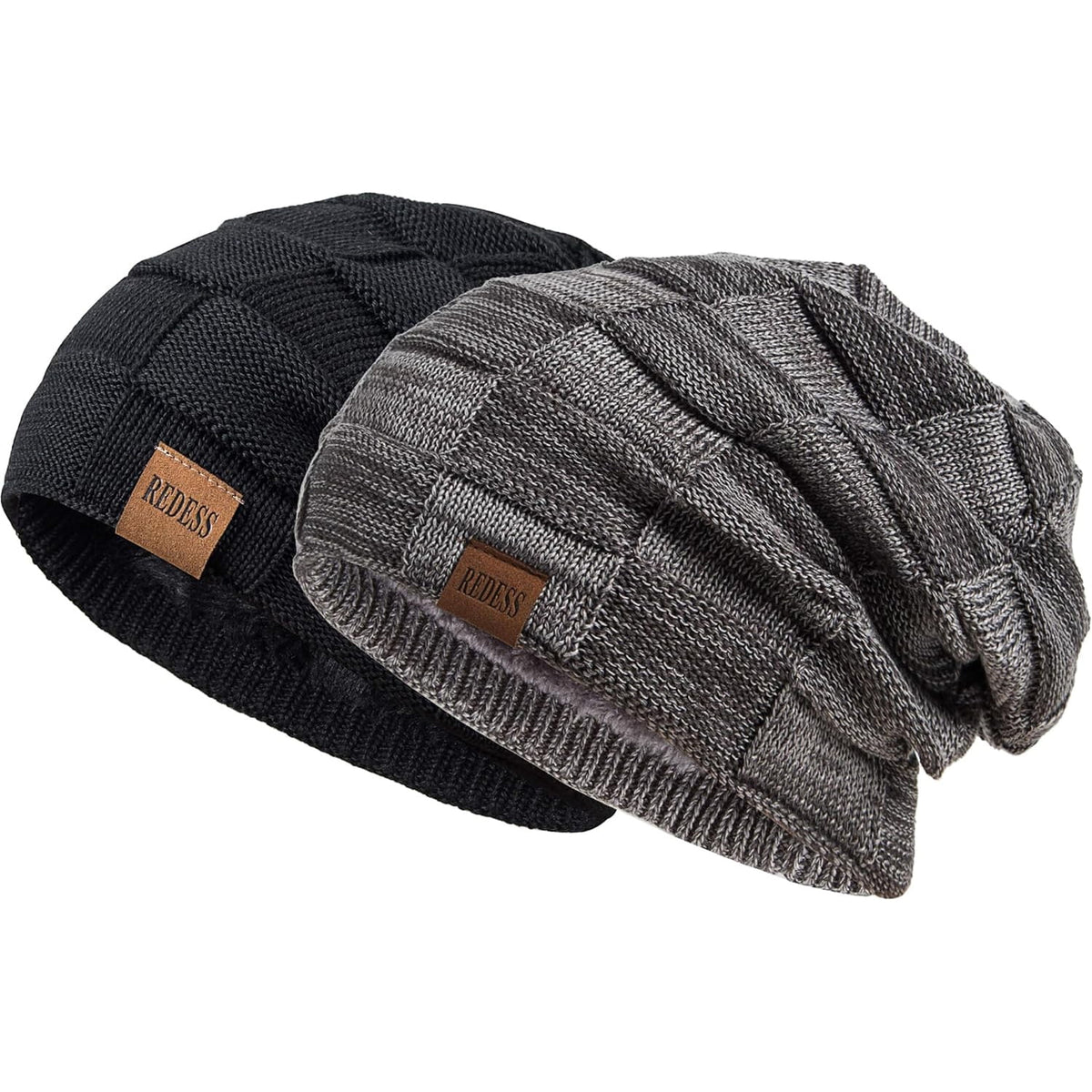 REDESS Beanie Hat for Men and Women Winter Warm Hats Knit Slouchy Thick Skull Cap-Black+Dark Gray