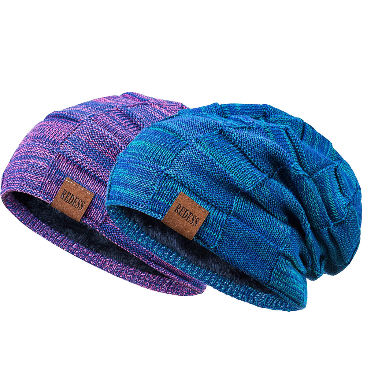REDESS Beanie Hat for Men and Women Winter Warm Hats Knit Slouchy Thick Skull Cap-Black+Dark Gray