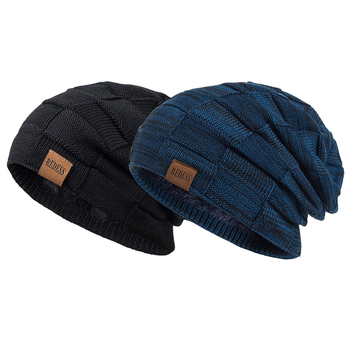 REDESS Beanie Hat for Men and Women Winter Warm Hats Knit Slouchy Thick Skull Cap-Black+Dark Gray