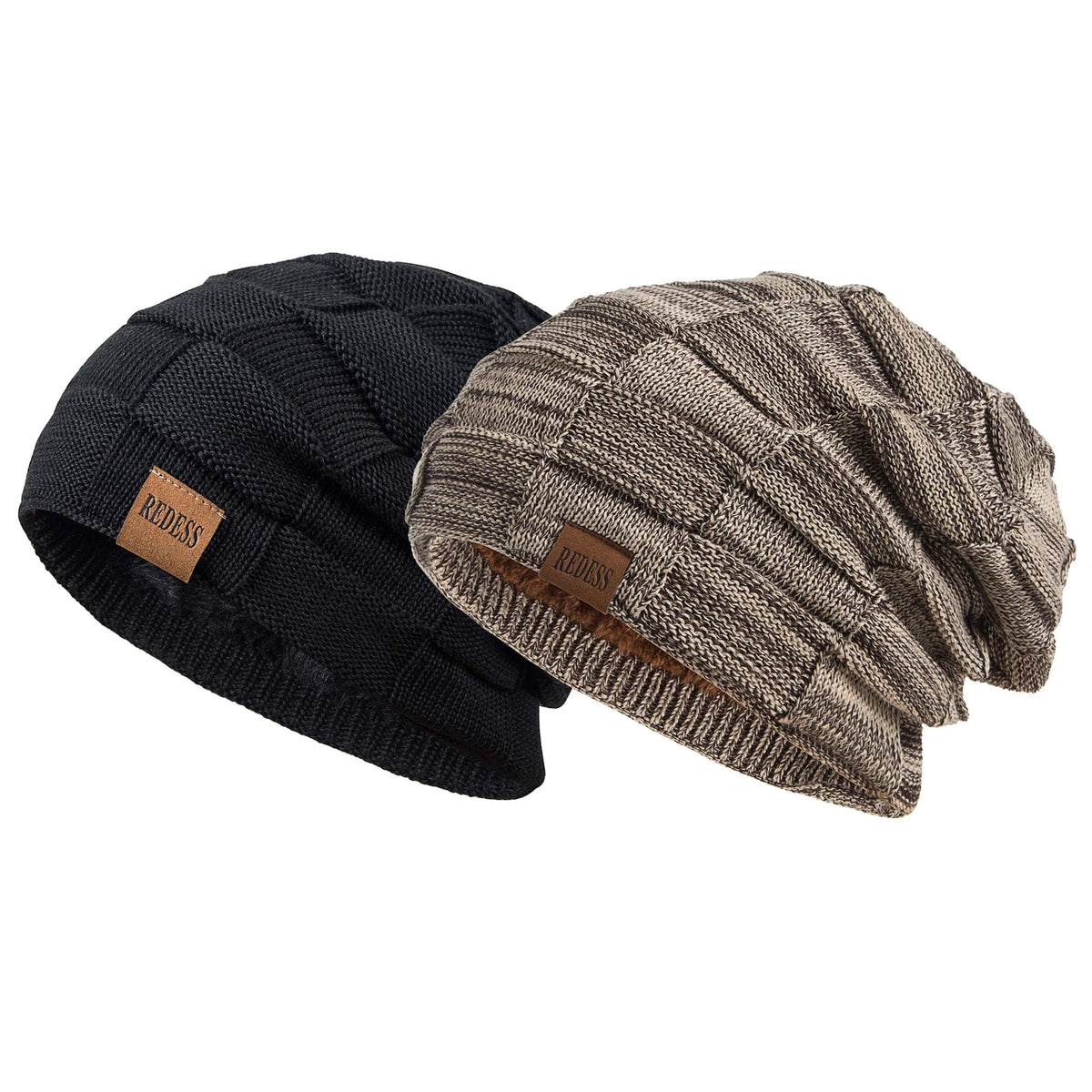 REDESS Beanie Hat for Men and Women Winter Warm Hats Knit Slouchy Thick Skull Cap-Black+Dark Gray