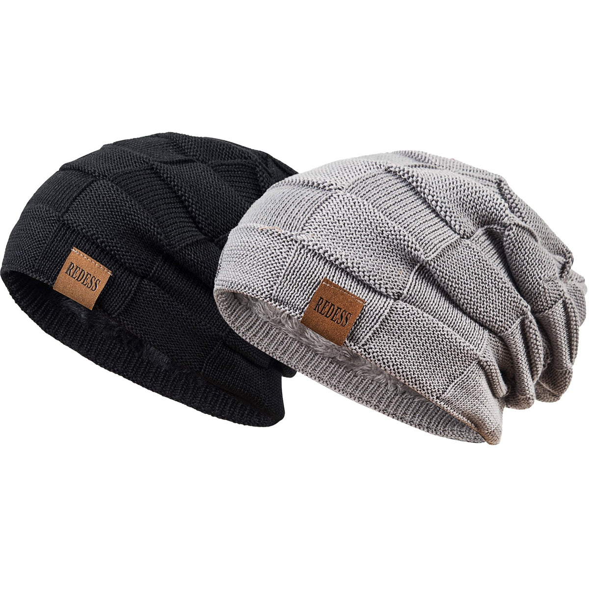 REDESS Beanie Hat for Men and Women Winter Warm Hats Knit Slouchy Thick Skull Cap-Black+Dark Gray