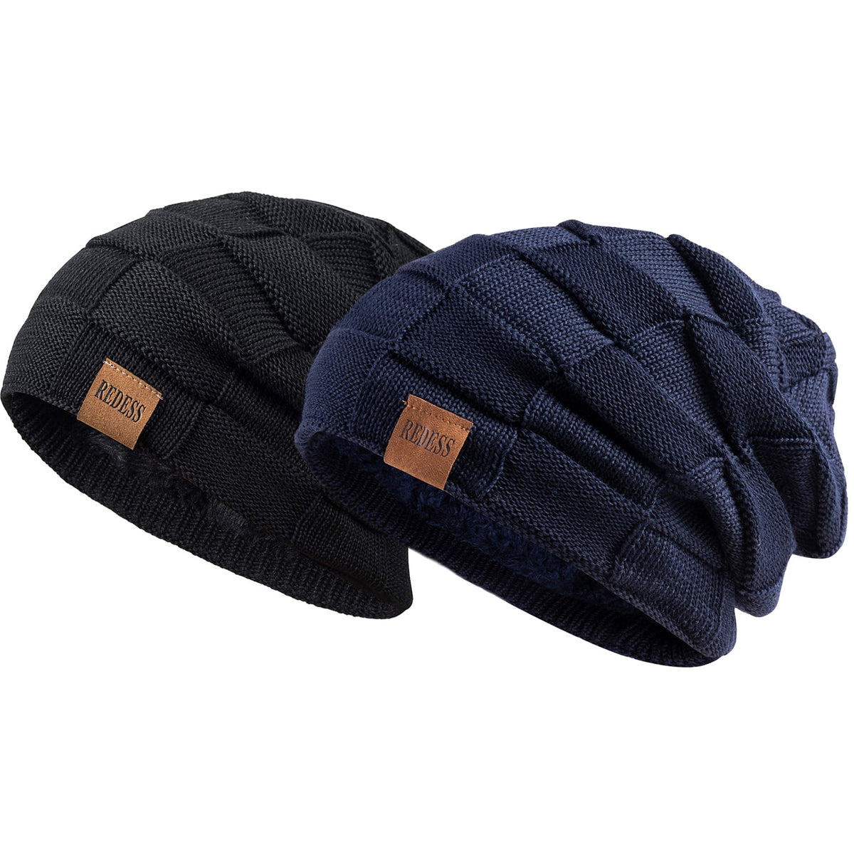 REDESS Beanie Hat for Men and Women Winter Warm Hats Knit Slouchy Thick Skull Cap-Black+Dark Gray