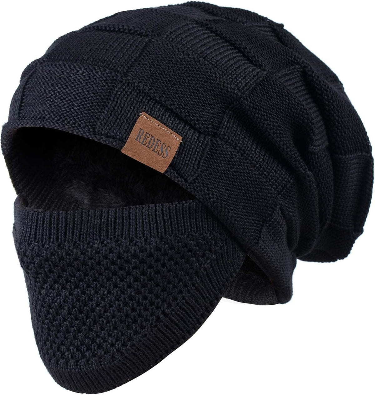 REDESS Beanie Hat for Men and Women Winter Warm Hats Knit Slouchy Thick Skull Cap with Face Cover-Black