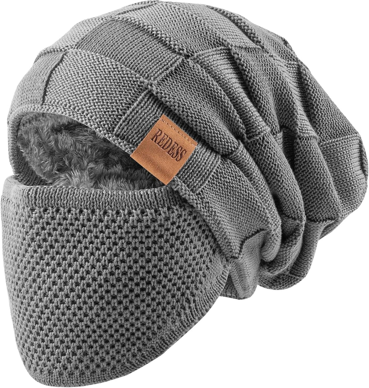 REDESS Beanie Hat for Men and Women Winter Warm Hats Knit Slouchy Thick Skull Cap with Face Cover-Black