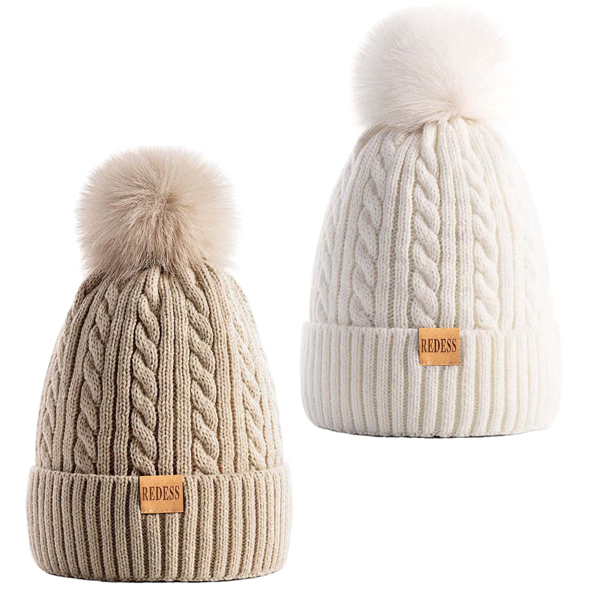 REDESS Womens Winter Hat, Fleece Lined Cable Knit Beanie Hat for Women 2 Pack
