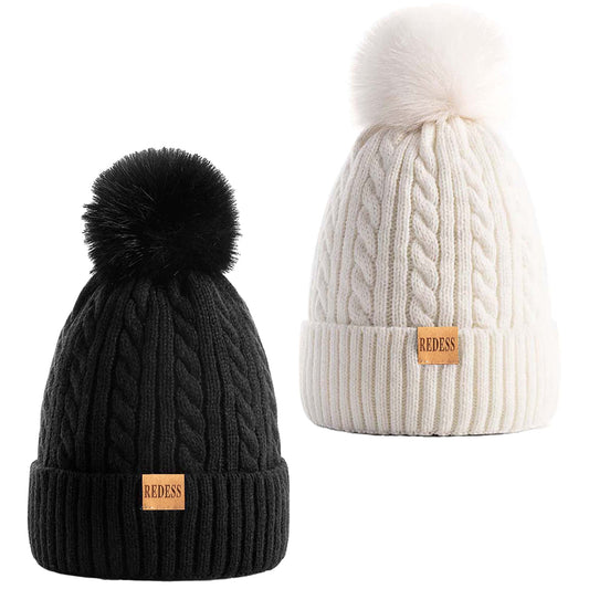 REDESS Womens Winter Hat, Fleece Lined Cable Knit Beanie Hat for Women 2 Pack