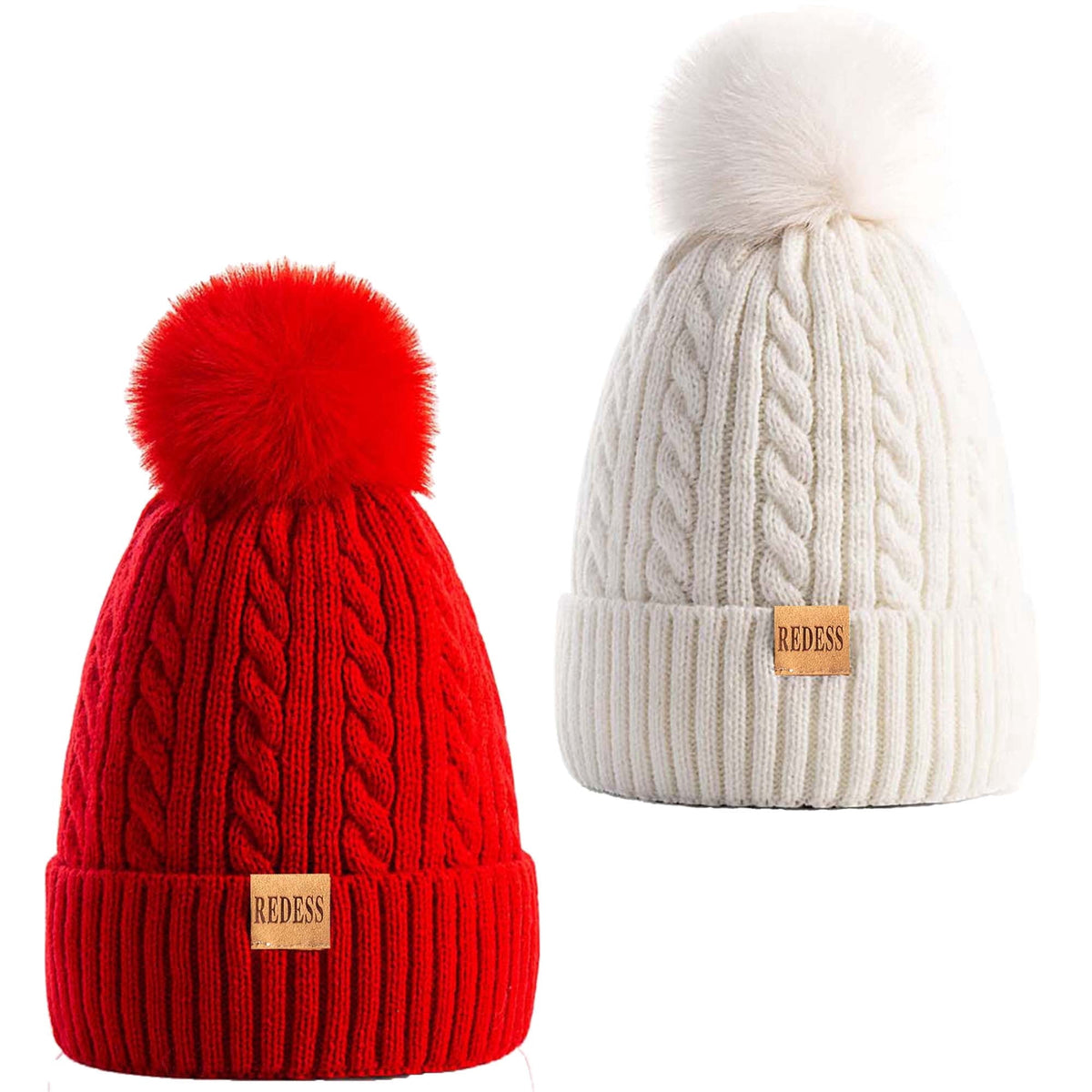 REDESS Womens Winter Hat, Fleece Lined Cable Knit Beanie Hat for Women 2 Pack