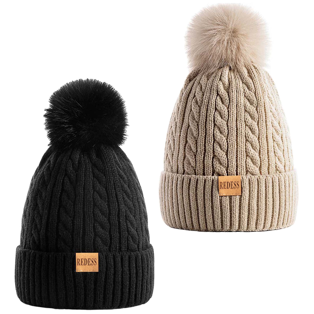 REDESS Womens Winter Hat, Fleece Lined Cable Knit Beanie Hat for Women 2 Pack