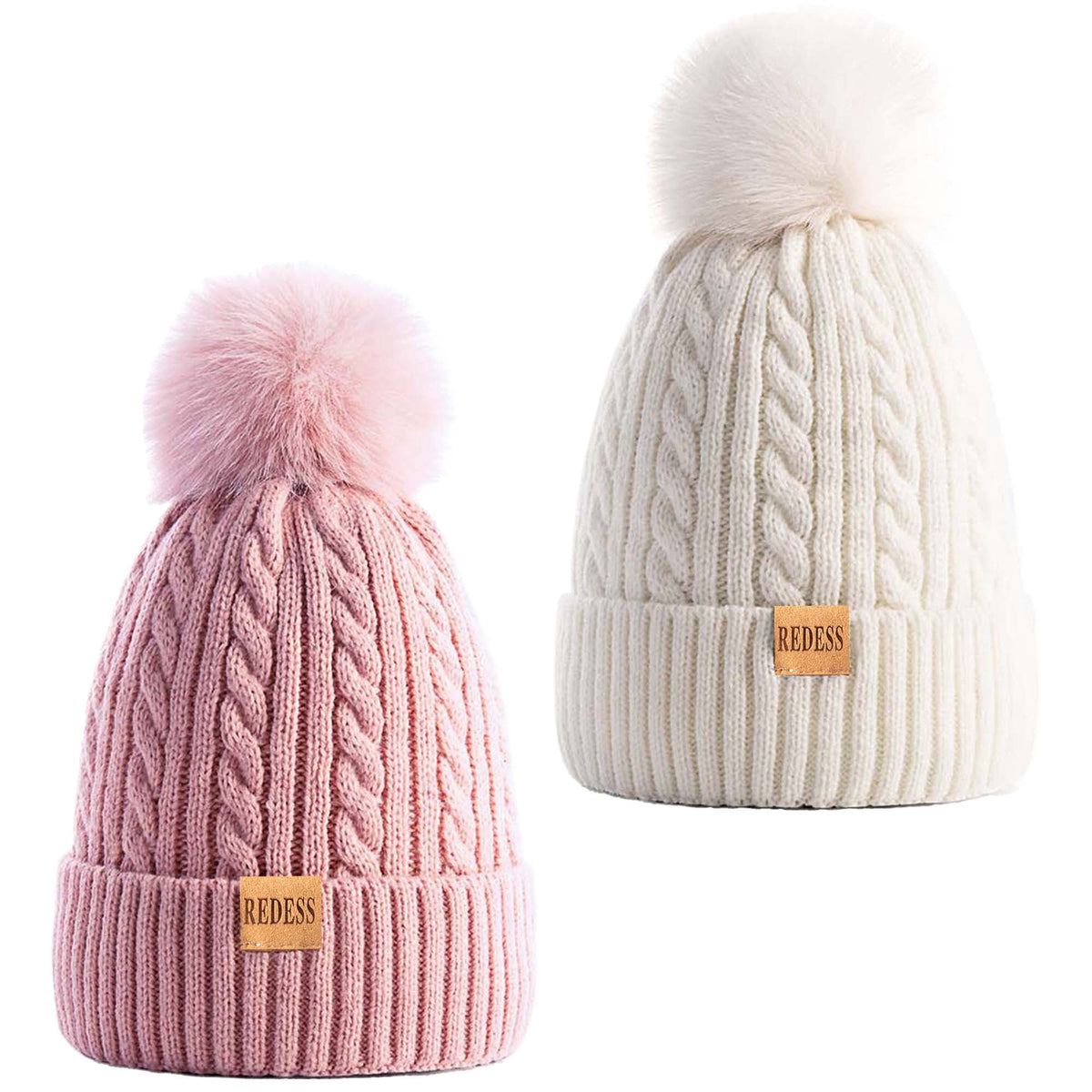 REDESS Womens Winter Hat, Fleece Lined Cable Knit Beanie Hat for Women 2 Pack