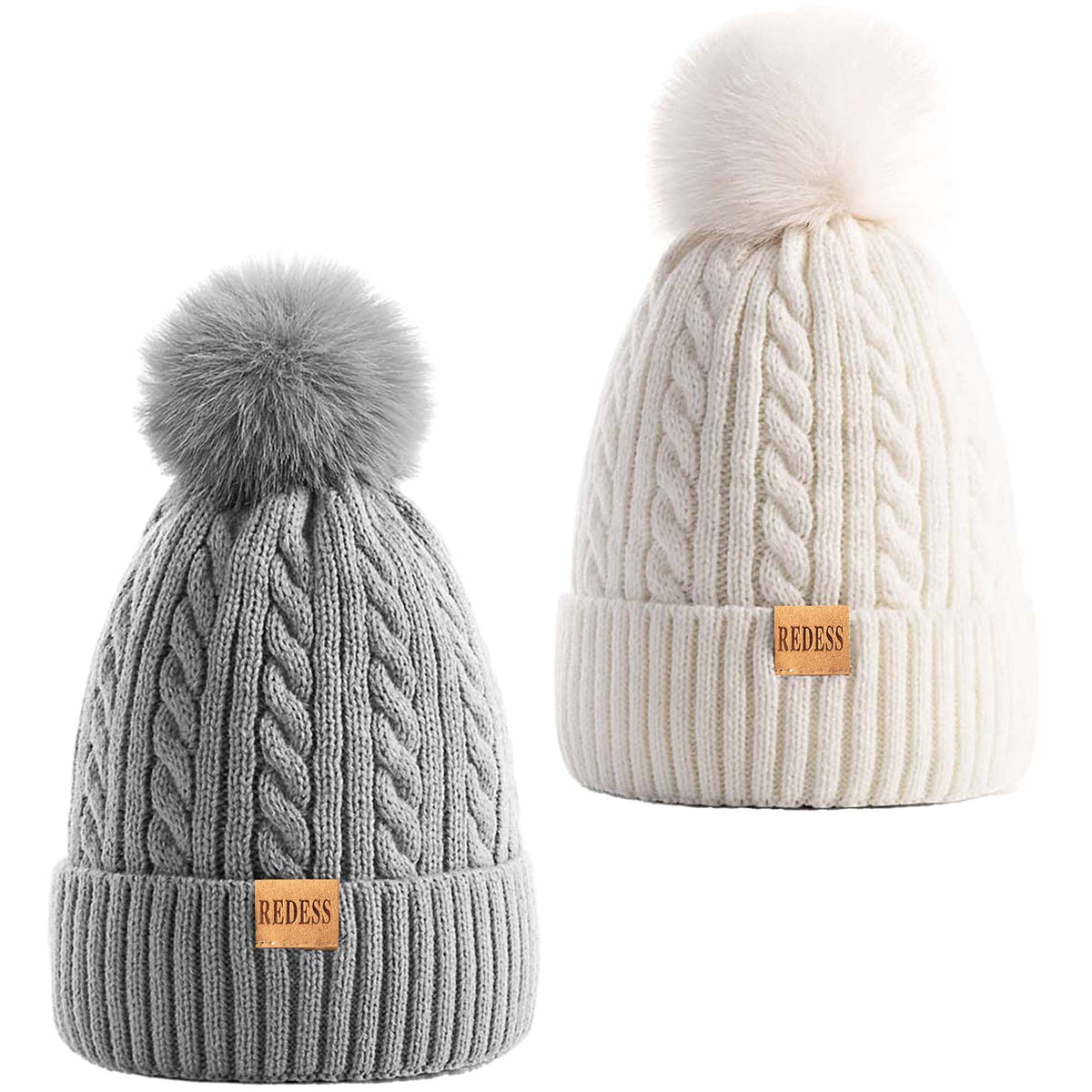REDESS Womens Winter Hat, Fleece Lined Cable Knit Beanie Hat for Women 2 Pack