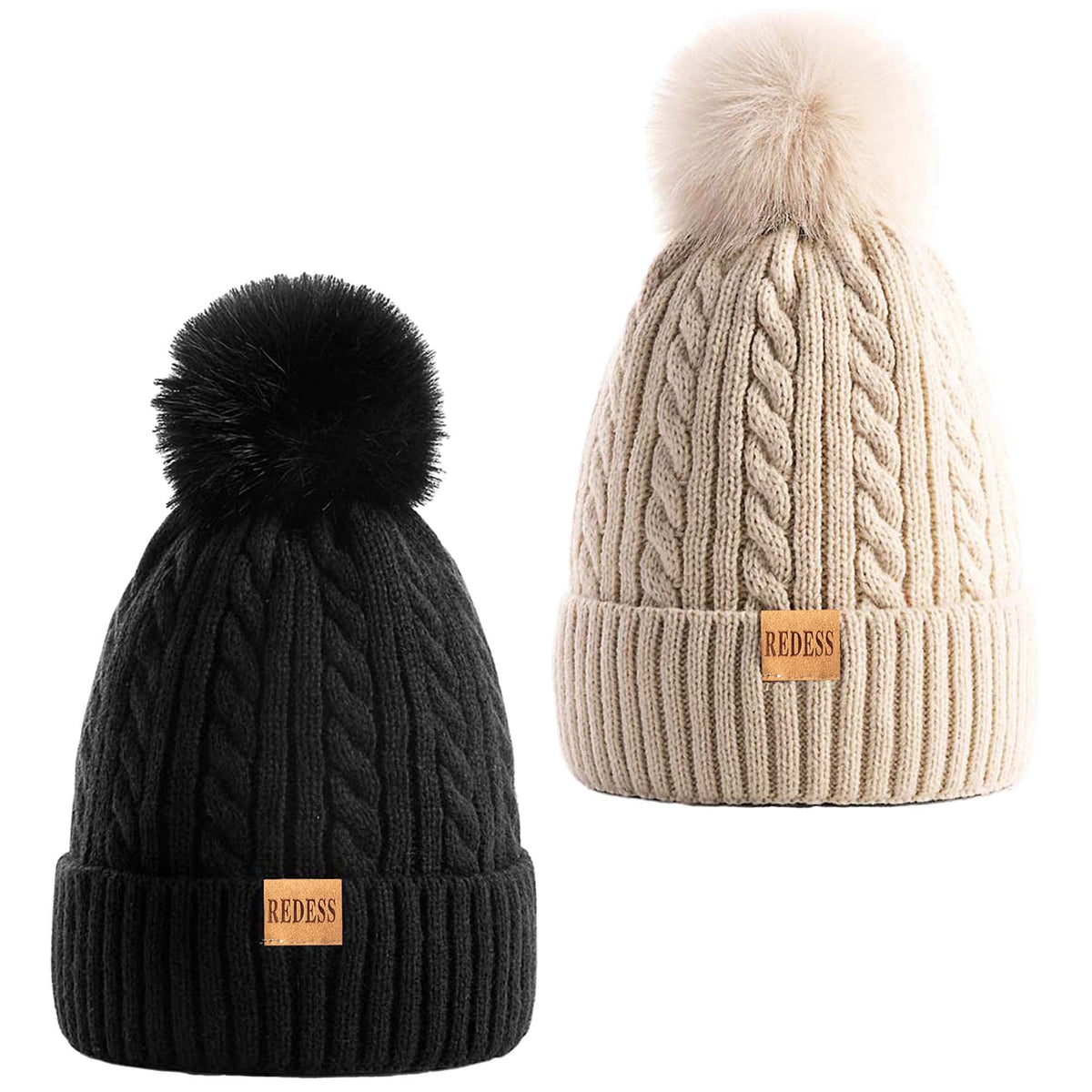 REDESS Womens Winter Hat, Fleece Lined Cable Knit Beanie Hat for Women 2 Pack