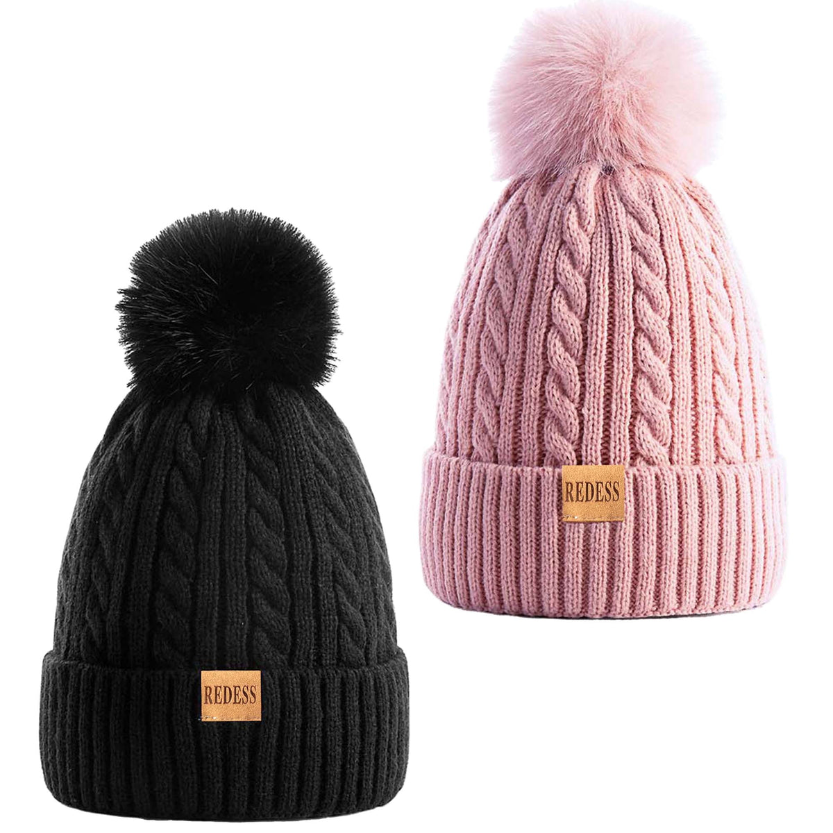 REDESS Womens Winter Hat, Fleece Lined Cable Knit Beanie Hat for Women 2 Pack