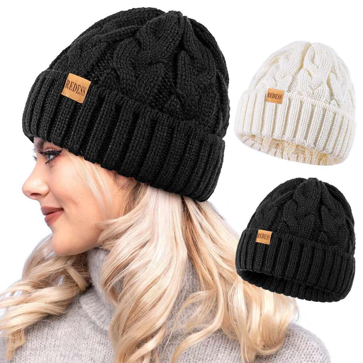 REDESS Beanie for Womens Winter Warm Cable Knit Soft Cap Comfortable Cuffed Stretchy Hat 2 Pack